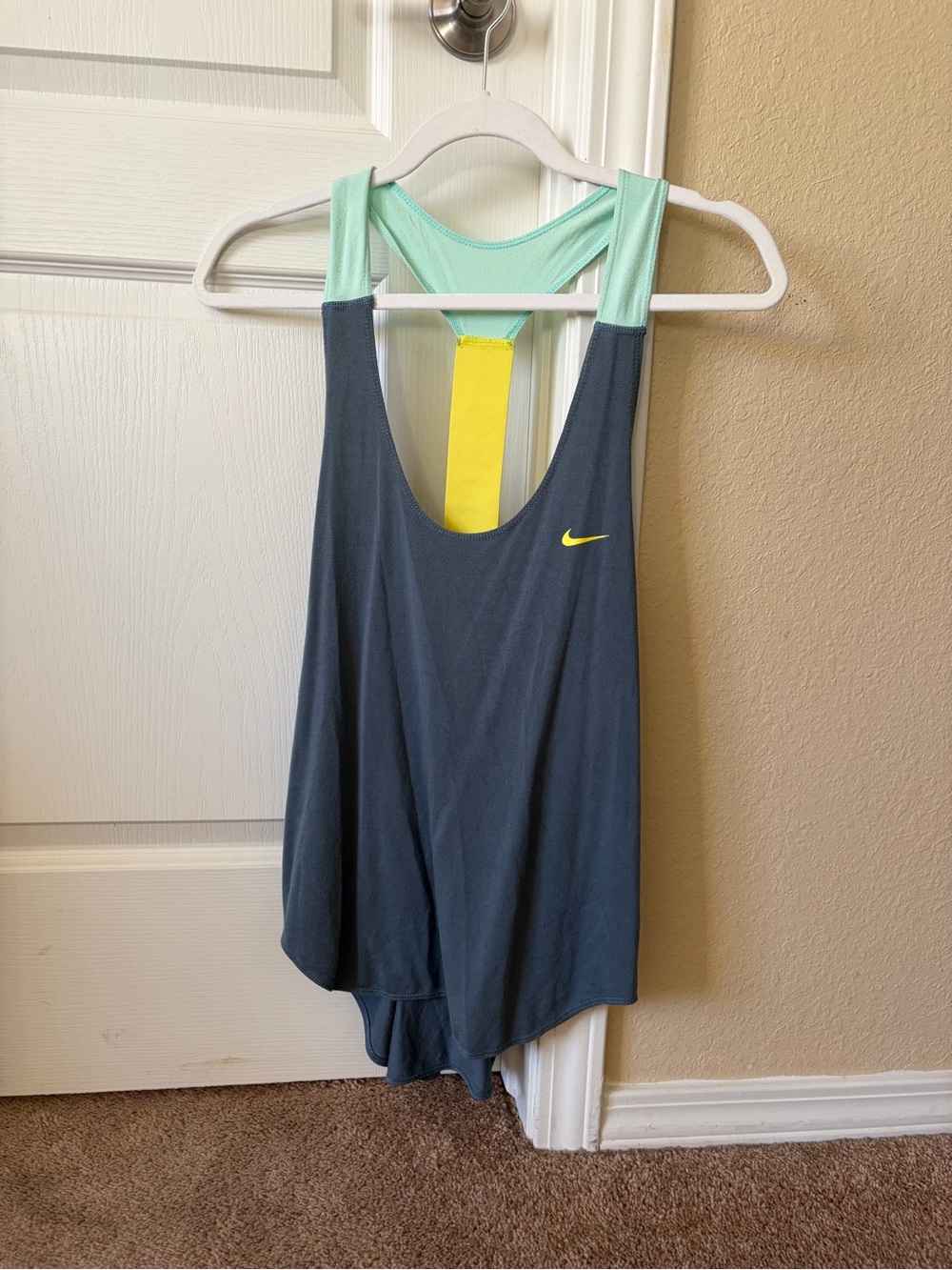 Nike Women’s Racerback Tank Top in Charcoal with Mint and Yellow Accents